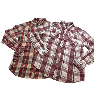 Two Salt Valley Western Pearl Snap Button LS Shirts Red White Plaid Men Sz Lg